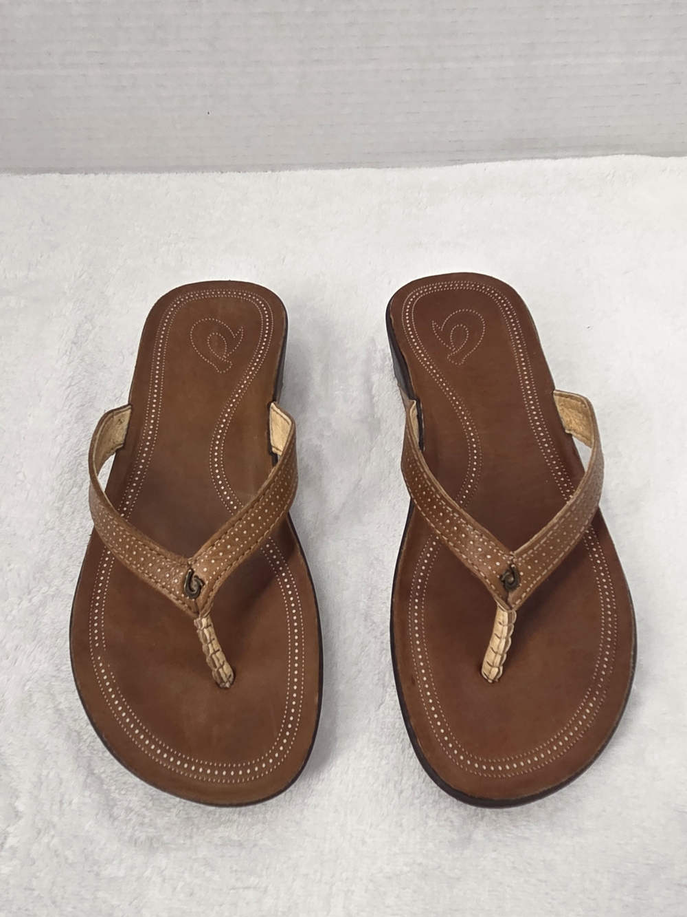 OluKai Ola Women's Brown Leather Wedge Sandals Comfort Flip Flops Resortwear 8